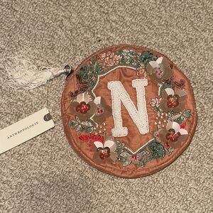 Anthropologie Floral Embroidered Cosmetic Bag - Brown and Green